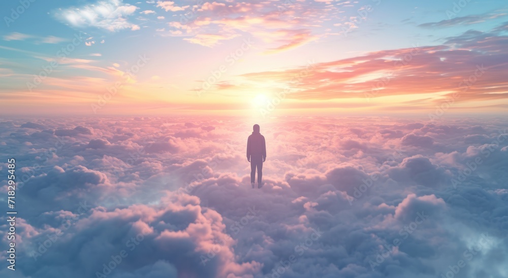 a person standing in the middle of a cloud filled sky with the sun ...