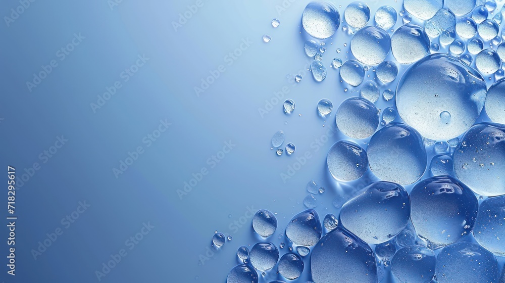 Liquid Droplets on Blue and White Background. Contemporary Banner with Copy-Space.