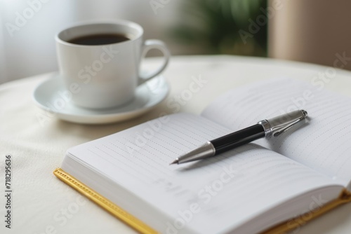 Close-up of book and pen by coffee cup on white background