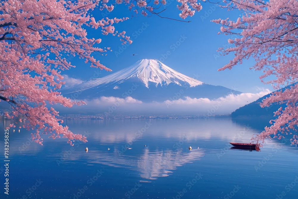 Fuji and cherry blossom from kawaguchi lake, ,Yamanashi Prefecture,Minamitsuru District, Yamanashi,Fujikawaguchiko, Yamanashi,Estuary