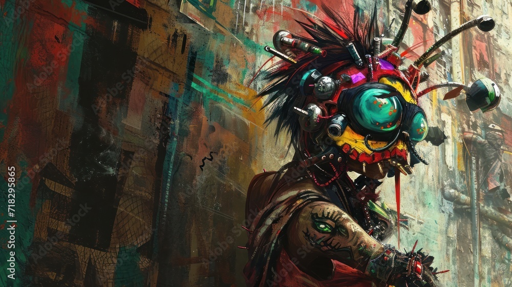 a painting of a weird looking creature with spikes on it's head standing in front of a building with graffiti on it's walls and a street corner. a painting of a weird looking creature with spikes on it's head standing in front of a building with graffiti on it's walls and a street corner.