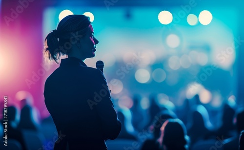 A fashionably dressed woman with a captivating human face takes the stage at a lively concert, her voice amplified by the microphone as she shares her passion for music with the crowd