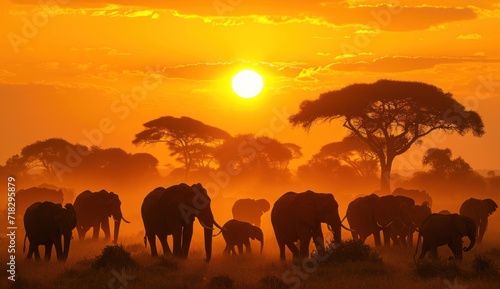  a herd of elephants standing on top of a grass covered field under a yellow sky with the sun in the distance and a few trees and a few bushes in the foreground. © Jevjenijs