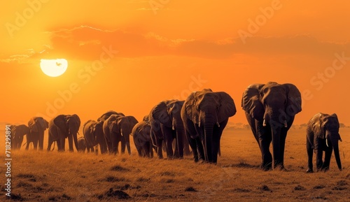  a herd of elephants walking across a dry grass field under a bright orange sky with the sun in the distance and the silhouette of the elephants in the foreground.