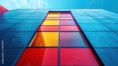  a close up of a multicolored building with a blue sky in the back ground and a few clouds in the sky in the middle of the back ground.