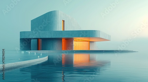  a building sitting on top of a body of water next to a body of water with a boat in the middle of the water and a building on top of the water.