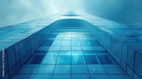  a tall building with a sky background and a blue sky in the middle of the picture  with a few clouds in the sky  and a bright light shining on the top of the side of the building.