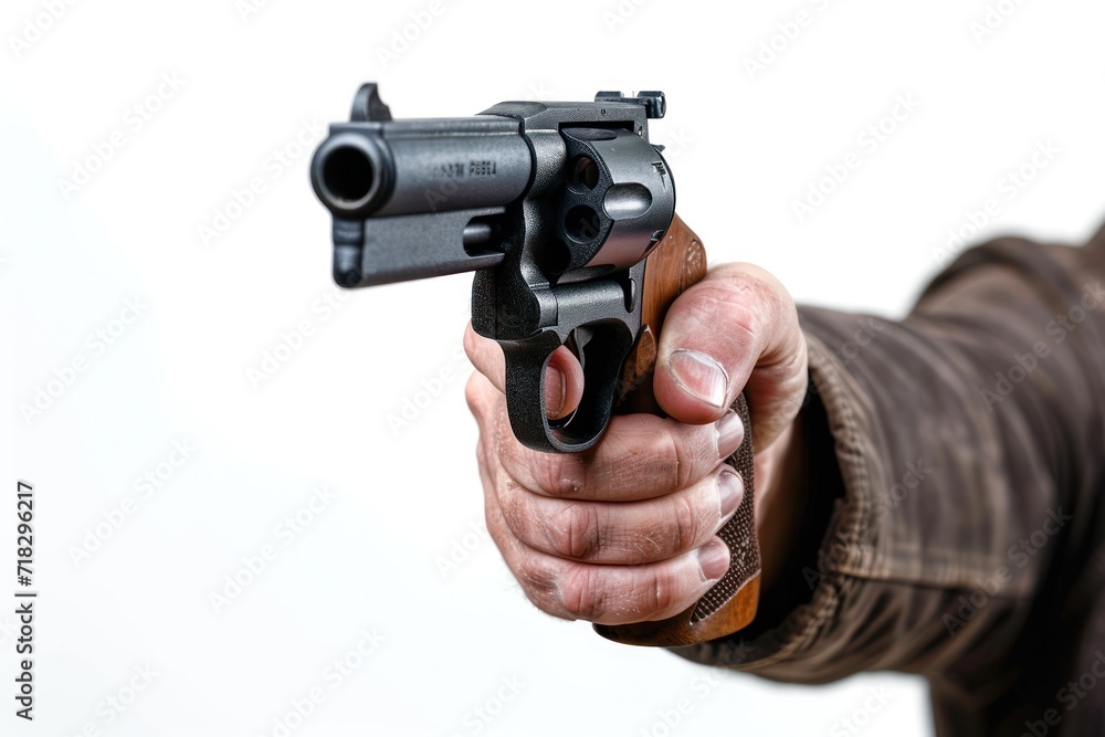 Hand of man shooting with revolver against white background