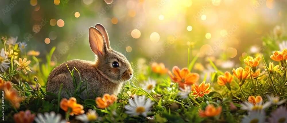  a rabbit sitting in a field of flowers with the sun shining through the trees and boke of boke boke boke boke boke boke boke bokes in the background. - obrazy, fototapety, plakaty 