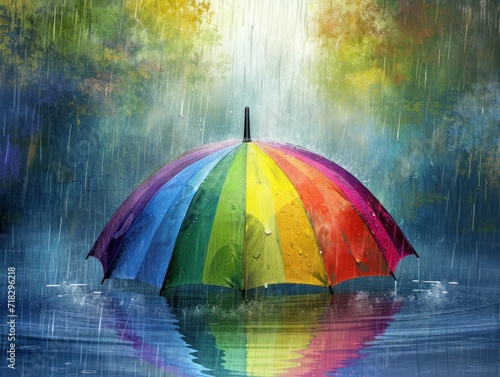  a colorful umbrella sitting in the middle of a body of water in the middle of a painting of a rainbow colored umbrella with a reflection on the surface of the water.
