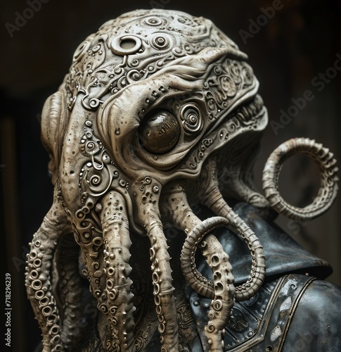  a close up of a statue of a person with an octopus like head and a leather jacket with a leather jacket on top of it and a black leather jacket.