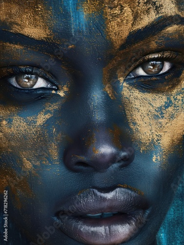  a close up of a woman's face with blue and gold paint all over her face and her eyes are blue and there is a gold paint on her face.