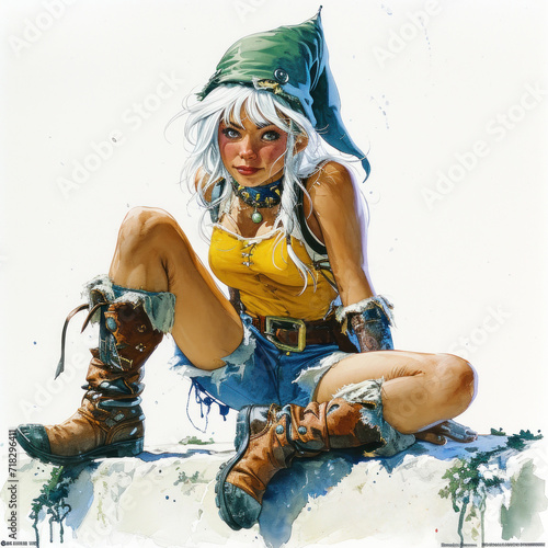  a painting of a woman with white hair and a green hat sitting on top of a rock with her legs crossed and her legs crossed, wearing boots and a yellow shirt.