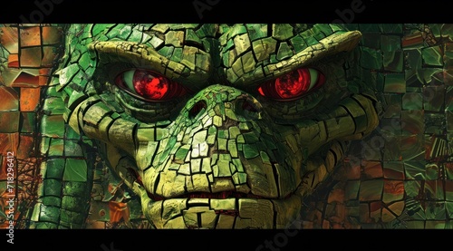  a close up of a green creature with red eyes and a mosaic pattern on it's face, with a red eyeball in the center of the image.