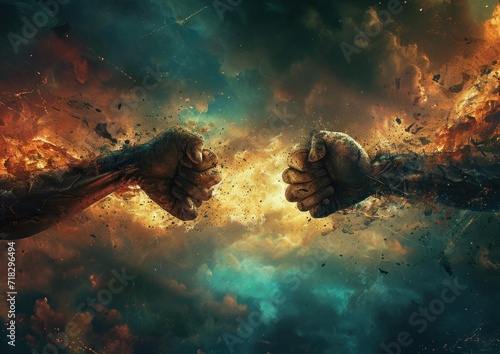  two hands reaching out towards each other in front of a sky filled with orange and blue fire and smoke and black clouds and blue and red and yellow and orange clouds.