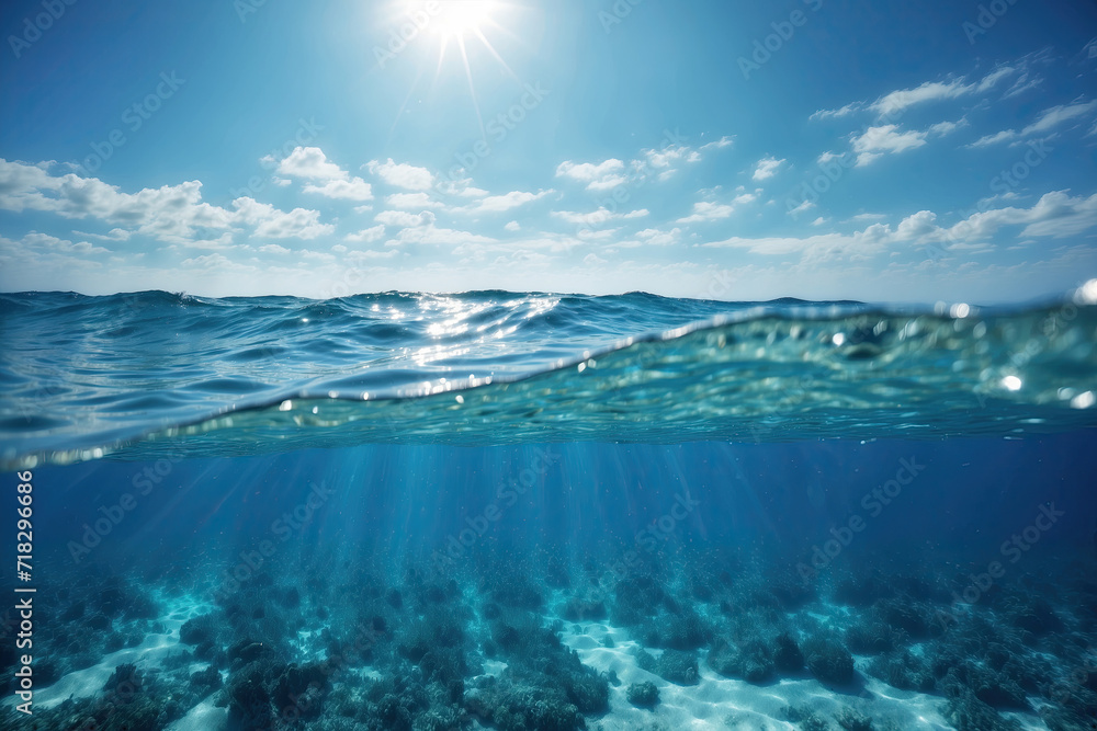 The ocean water line separates the sky and the underwater part. Bright sunlight and blue clear sky above the surface of the sea. Split underwater.