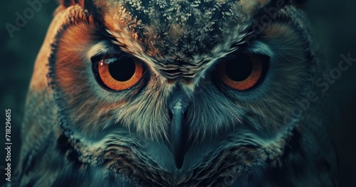  a close up of an owl's face with an orange - colored eye and a black - and - white background with a blurry image of the owl's head. photo