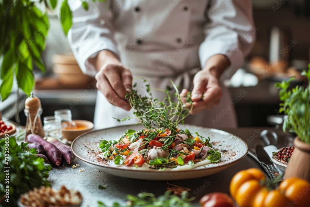 Young asian chef presenting a gourmet dish in a restaurant kitchen, surrounded by fresh herbs
