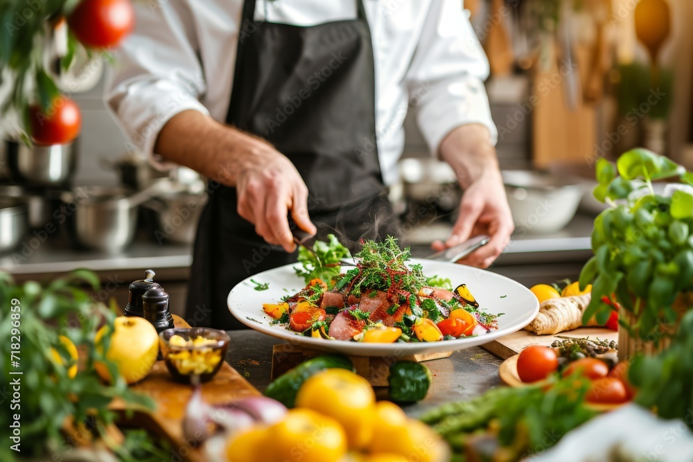 Young asian chef presenting a gourmet dish in a restaurant kitchen, surrounded by fresh herbs
Young asian chef presenting a gourmet dish in a restaurant kitchen, surrounded by fresh herbs