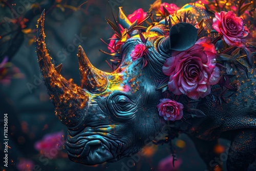 a rhino with flowers on it's head and a hat on it's head, in front of a background of leaves and flowers, with a black background.