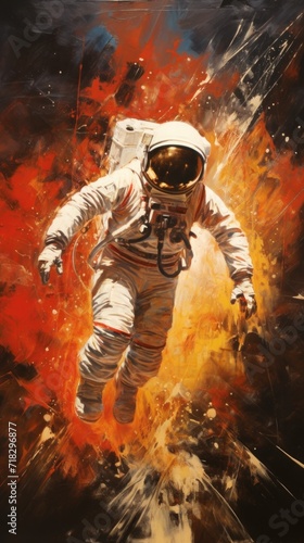 Vibrant oil painting of Astronaut floating in space with a colorful nebula background. Concept of space exploration, astronautics, aquarelle art, cosmic. Vertical format