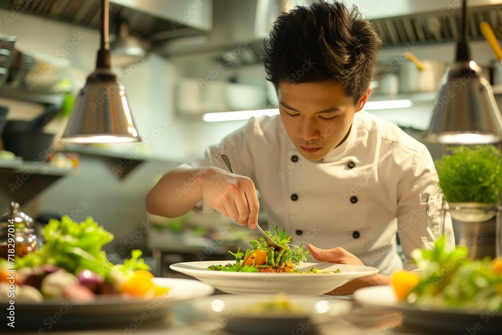 Young asian chef presenting a gourmet dish in a restaurant kitchen, surrounded by fresh herbs
