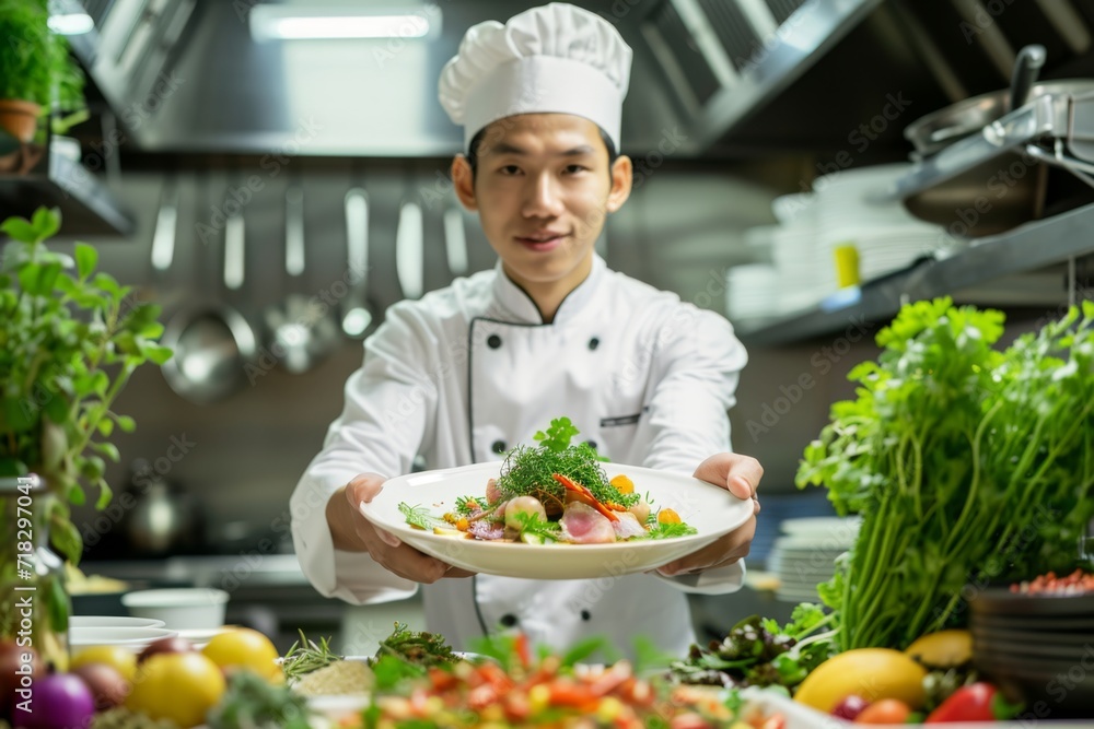 Young asian chef presenting a gourmet dish in a restaurant kitchen, surrounded by fresh herbs
Young asian chef presenting a gourmet dish in a restaurant kitchen, surrounded by fresh herbs