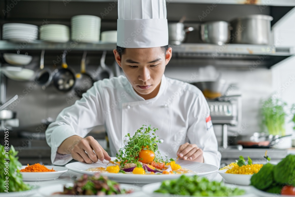Young asian chef presenting a gourmet dish in a restaurant kitchen, surrounded by fresh herbs
Young asian chef presenting a gourmet dish in a restaurant kitchen, surrounded by fresh herbs