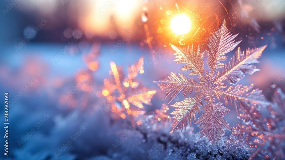  a close up of a snowflake with the sun shining through the snow and the snow flakes in the foreground and the snowflakes in the foreground.