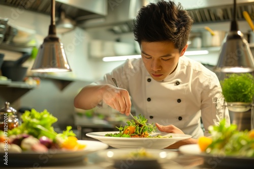 Young asian chef presenting a gourmet dish in a restaurant kitchen, surrounded by fresh herbs  © cristian