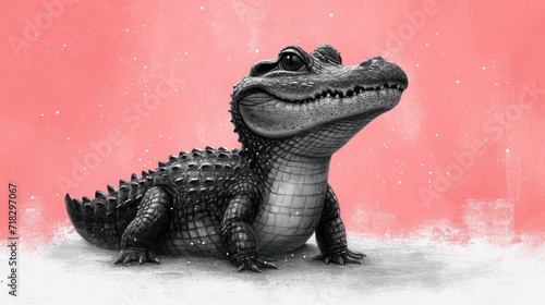  a black and white drawing of a crocodile on a pink background with snow falling down on it s head and the head of the crocodile is facing the viewer.