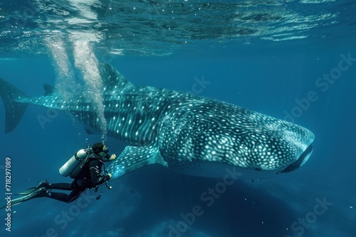 diver floating next to a whale shark in the gulf of