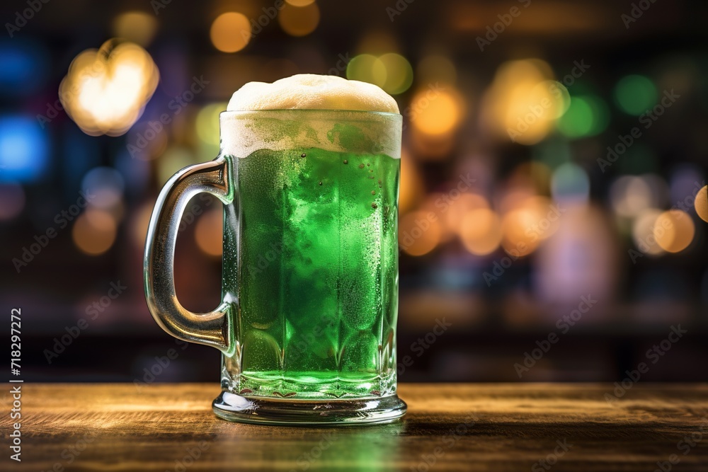 green beer mug for St. Patrick's Day. placed on the bar of a pub.