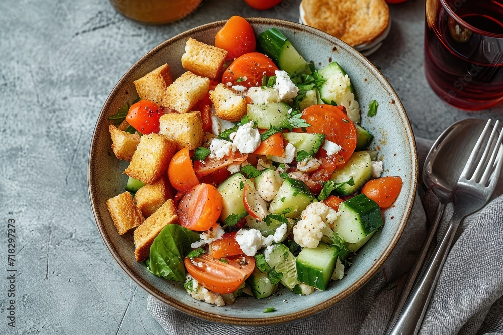 Overhead view of a bowl of tomato, cucumber, cauliflower and feta salad with croutons and a glass of cherry juice