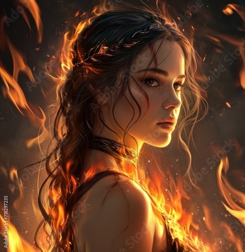  a woman with long hair standing in front of a bunch of fire with her eyes closed and her hair blowing in the wind and her hair blowing in the wind.
