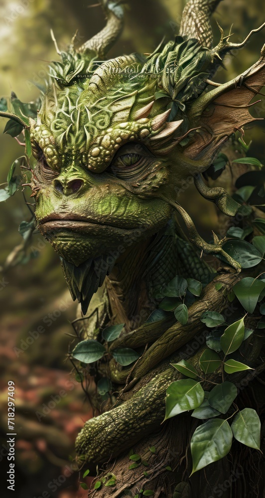 a close up of a statue of a green dragon with leaves on it's head and a tree branch in the foreground, with a forest in the background. a close up of a statue of a green dragon with leaves on it's head and a tree branch in the foreground, with a forest in the background.
