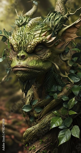  a close up of a statue of a green dragon with leaves on it s head and a tree branch in the foreground  with a forest in the background.