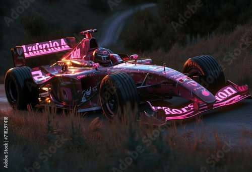  a racing car with a pink light on it's side driving down a road in front of some tall grass and a road sign that says alot alot alot alot alot alot alot alot alot alot alot alot alot alot. photo