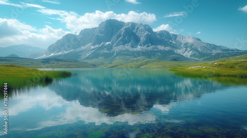  a mountain range is reflected in the still water of a lake in the foreground  with a grassy meadow in the foreground  and a blue sky with clouds in the background.