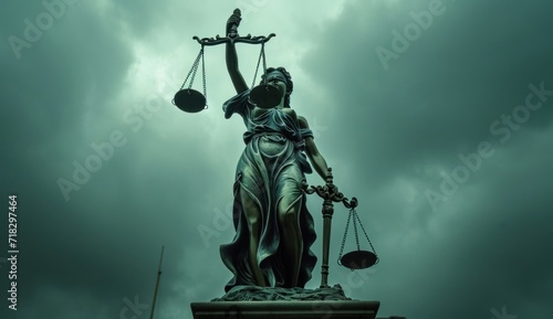  a statue of a lady justice holding a scale of justice in front of a cloudy sky with a scale of justice on one arm and a sword in the other hand.