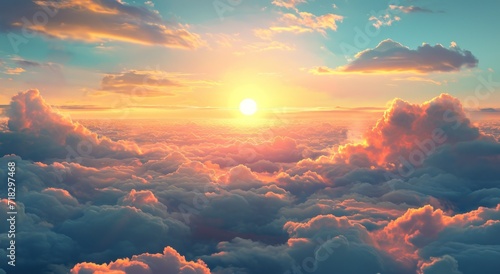  the sun is setting over the clouds and the sky is filled with bright oranges and blue, and the sky is filled with white fluffy, fluffy, fluffy, puffy clouds.