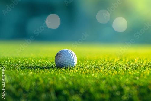 A perfectly placed golf ball sits atop the lush green grass, ready to be struck by a skilled player and soar through the sunny outdoor field with precision and power