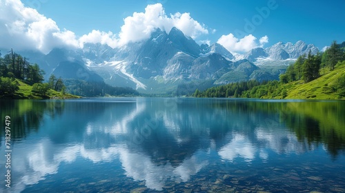  a mountain range is reflected in the still water of a lake in the foreground is a mountain range with a few clouds in the sky and trees in the foreground.