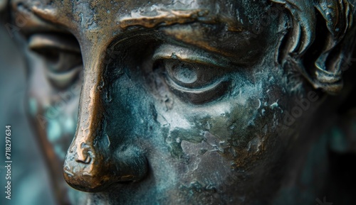  a close up of a bronze statue of a man's face with eyes wide open and one eye partially closed, with the other half of his face partially closed. © Jevjenijs