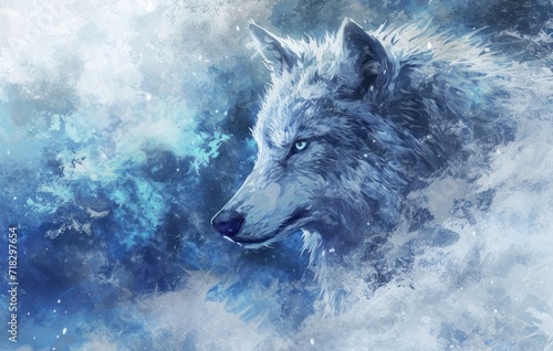  a painting of a wolf's head on a blue and white background with snow flakes in the foreground and the wolf's head in the middle of the foreground.