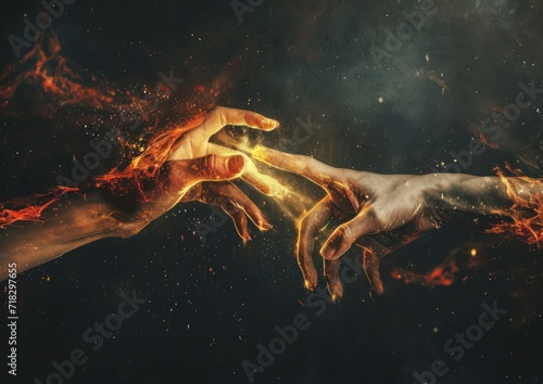  a pair of hands reaching towards each other with fire coming out of the palms of the two hands on a black background with red and yellow and orange streaks of light.