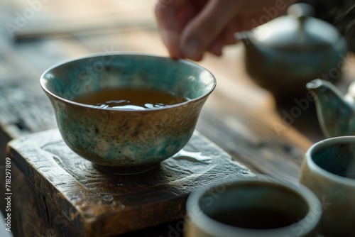 Close up of the serene artistry brewing Chinese tea generative ai photo