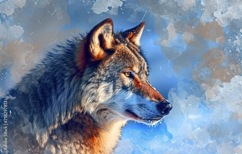  a close up of a wolf's face on a blue and gray background with snow flakes on the bottom half of the image and bottom half of the wolf's head.