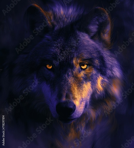  a close up of a wolf s face with a purple and yellow light shining on the wolf s face and behind it is a blurry background of leaves.