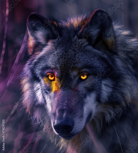  a close up of a wolf's face with a blurry background and a yellow light in the center of the wolf's upper half of the wolf's eyes.